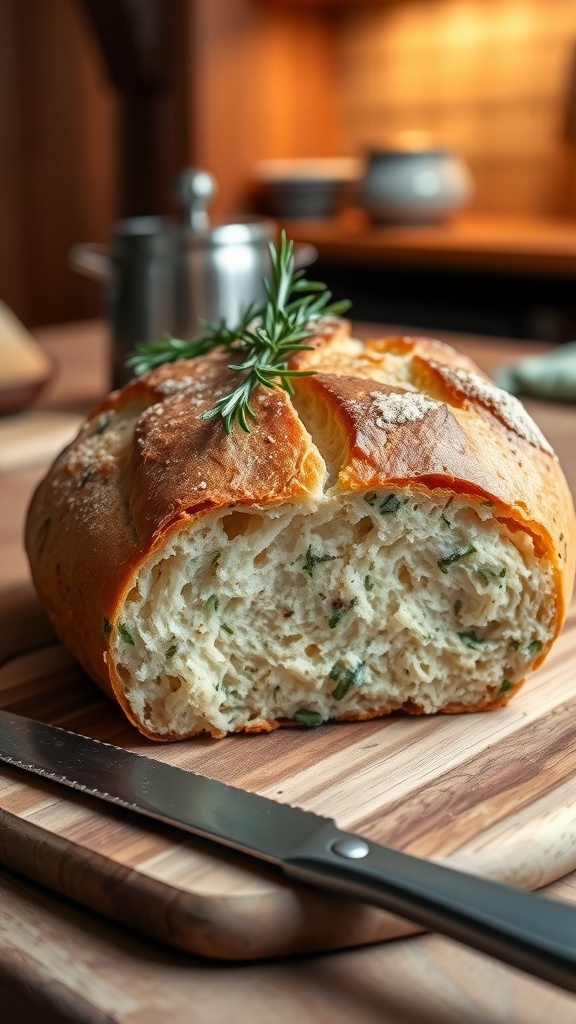 A golden-brown loaf of herb bread with rosemary and thyme, on a wooden cutting board with a knife.